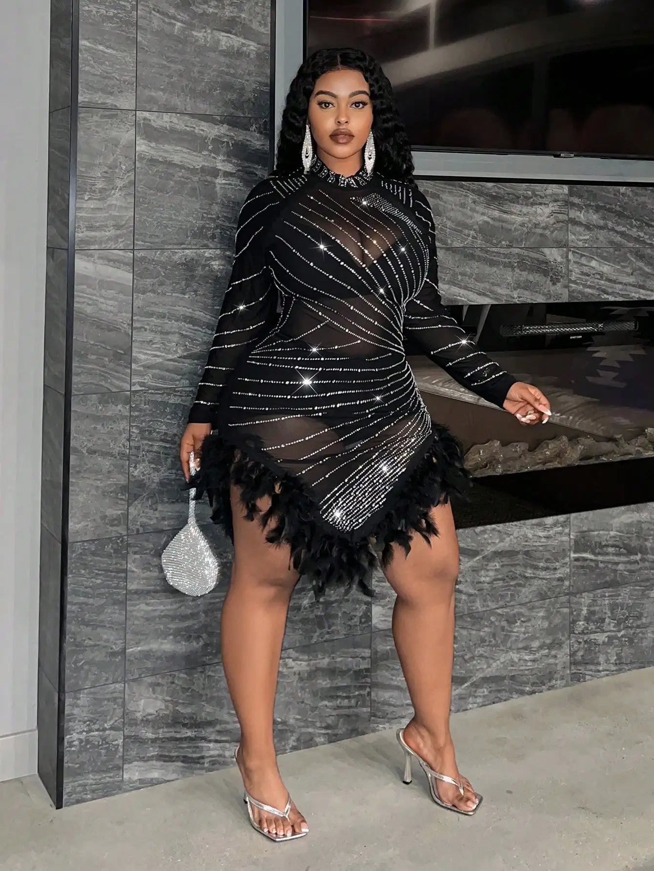 Slaydiva Plus Size Rhinestone Feather Mini Dress for Party Nightclub