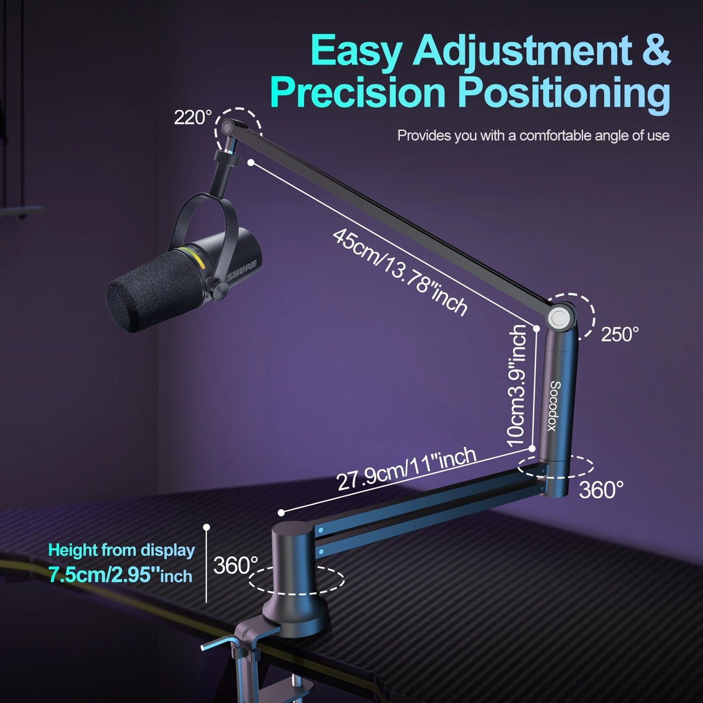 Boom Arm 360 Degree Rotatable Low Profile Microphone Stand Foldable Mic Arm Holds Up to 1.5kg with 3/8 Inch to 5/8 Inch Screw Adapter
