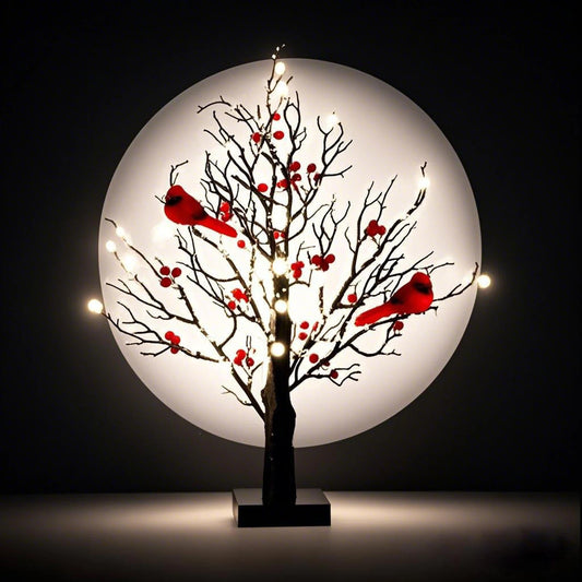 Vintage Glowing Tree with Cardinals LED Cardinal Little Red Bird Table Decoration for Holiday Home Xmas Decor