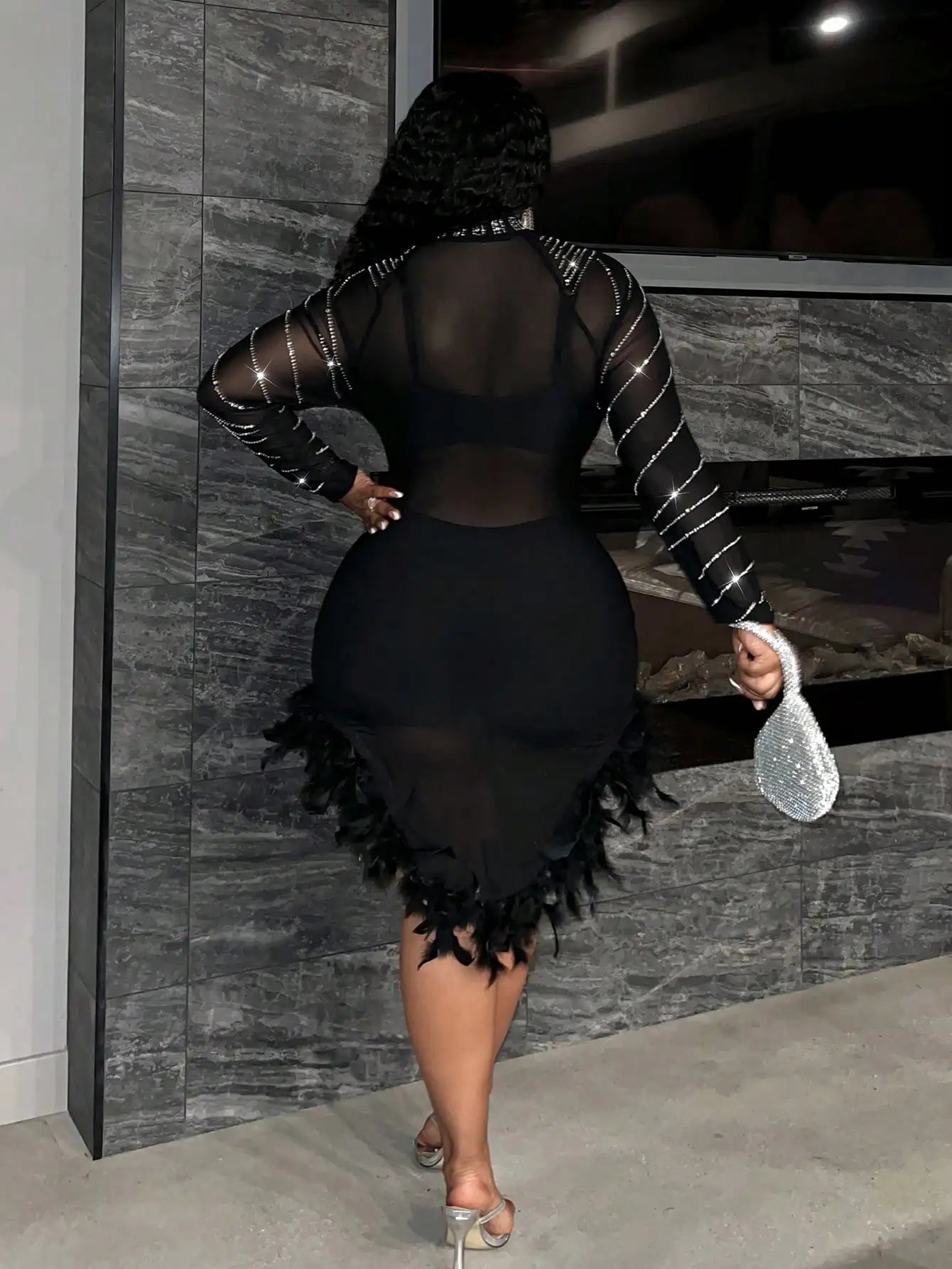 Slaydiva Plus Size Rhinestone Feather Mini Dress for Party Nightclub