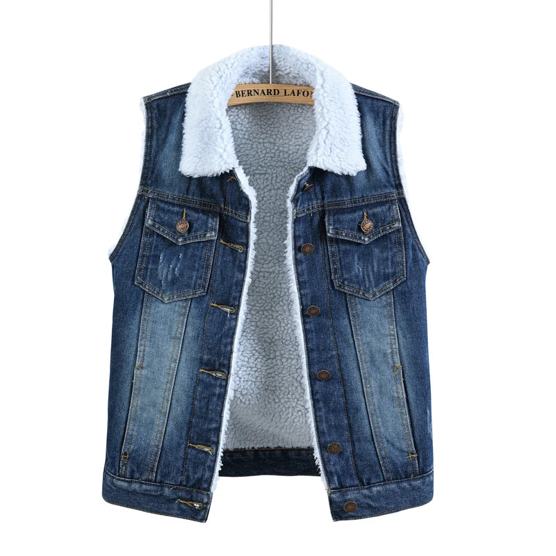 Women`s Sherpa Lined Fleece Warm Winter Denim Jean Sleeveless Jacket Waistcoat Button OuterwearTrendy Soft Vest