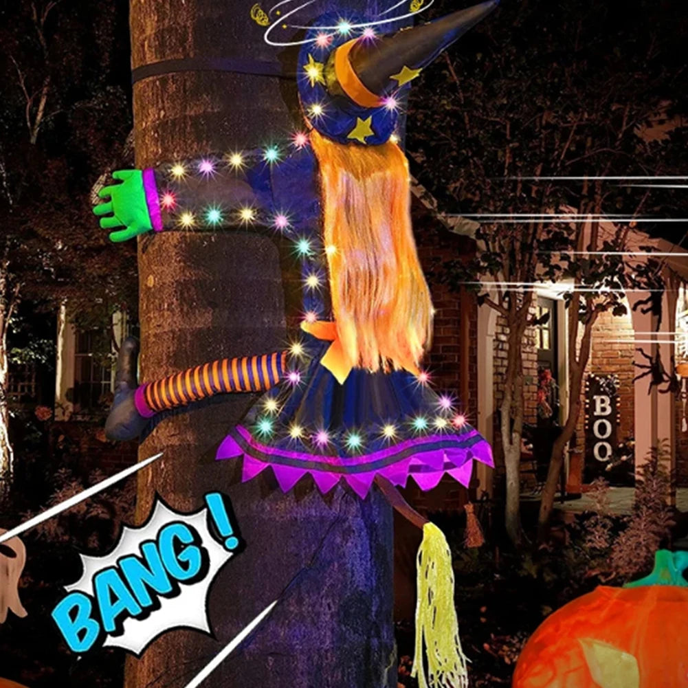 Halloween Crashing Witch Into Tree Outdoor Decoration Lighted Flying Witch Lawn Patio Garden Decor