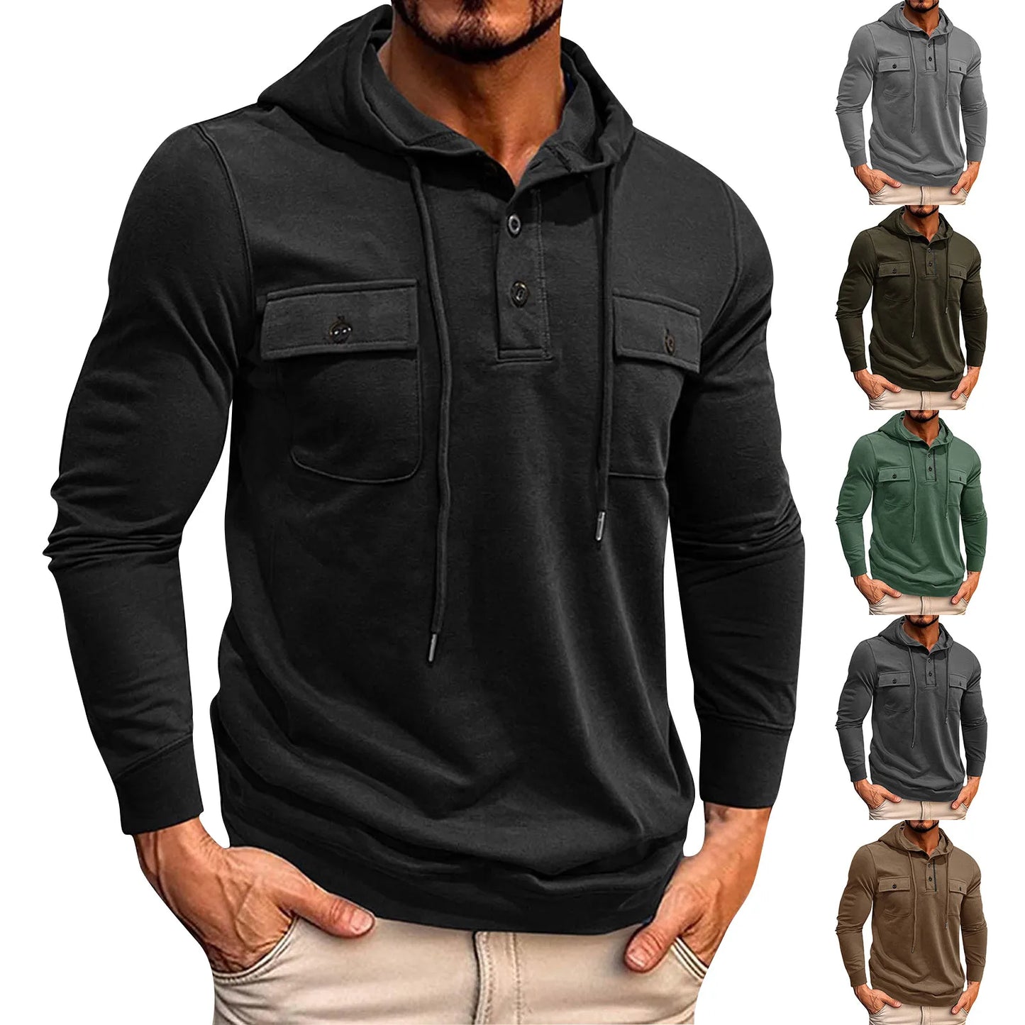 Men Casual Patchwork Pockets Hoodie Streetwear Mens Hoodies 2024 Fall Fashionable Solid Color Long Sleeve Hooded Sweatshirts For