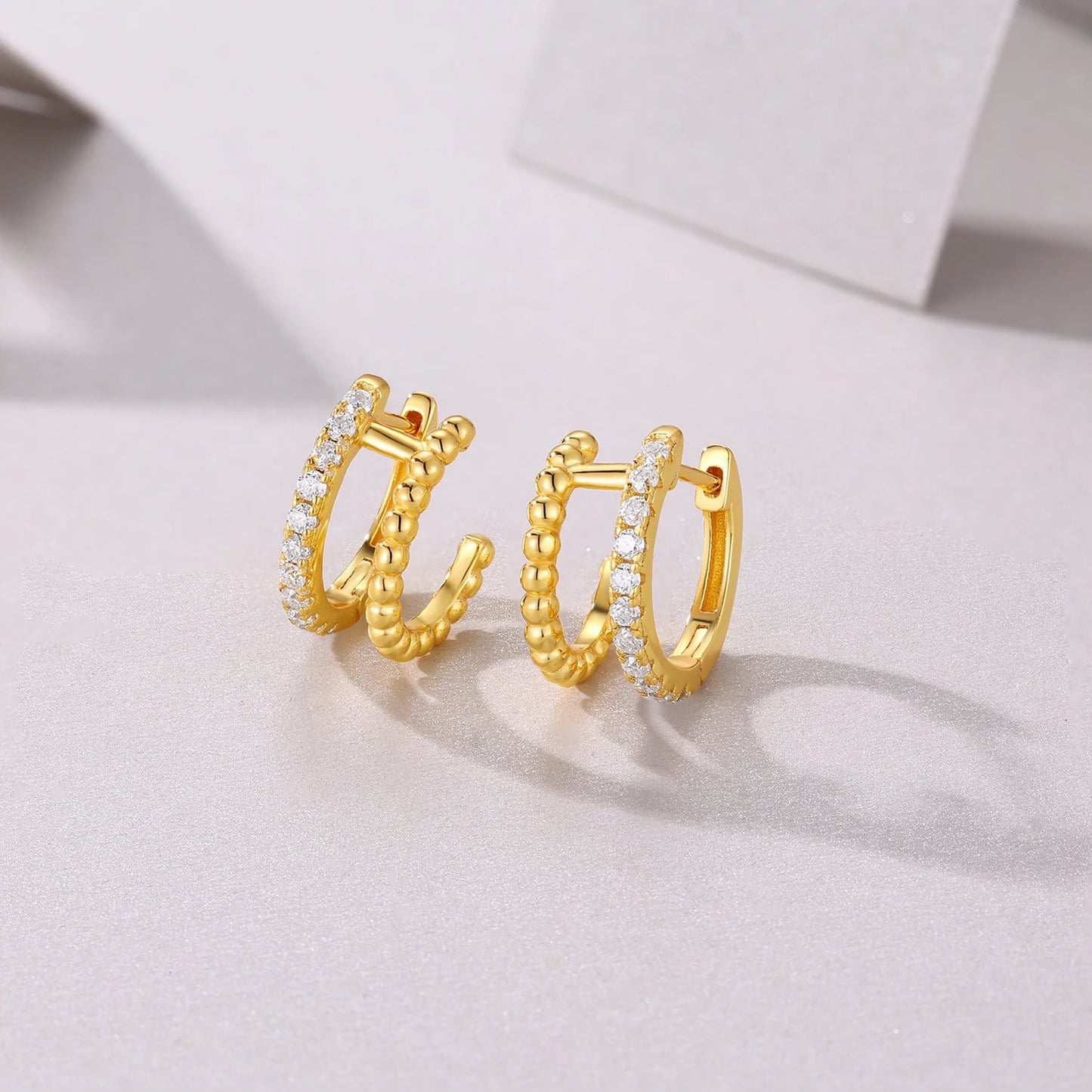 1pcs Gold Hoop Earrings 925 Sterling Silver 18K Gold Plated Beaded Design with CZ Stones for Women Jewelry Gift