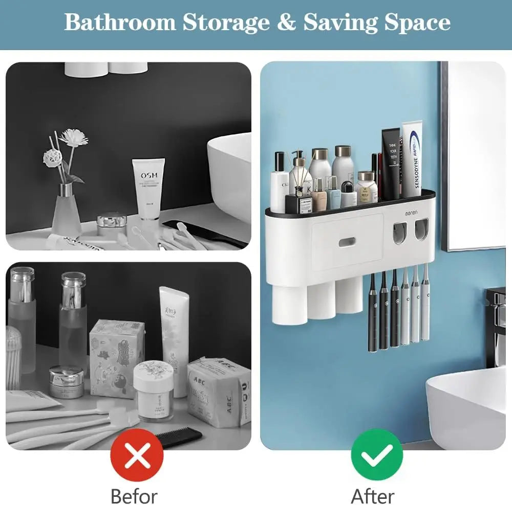 Dual Automatic Toothpaste Dispensers,   Eelectric Toothbrush Holder Wall-Mounted with Toothpaste Squeezer, Multifunctional