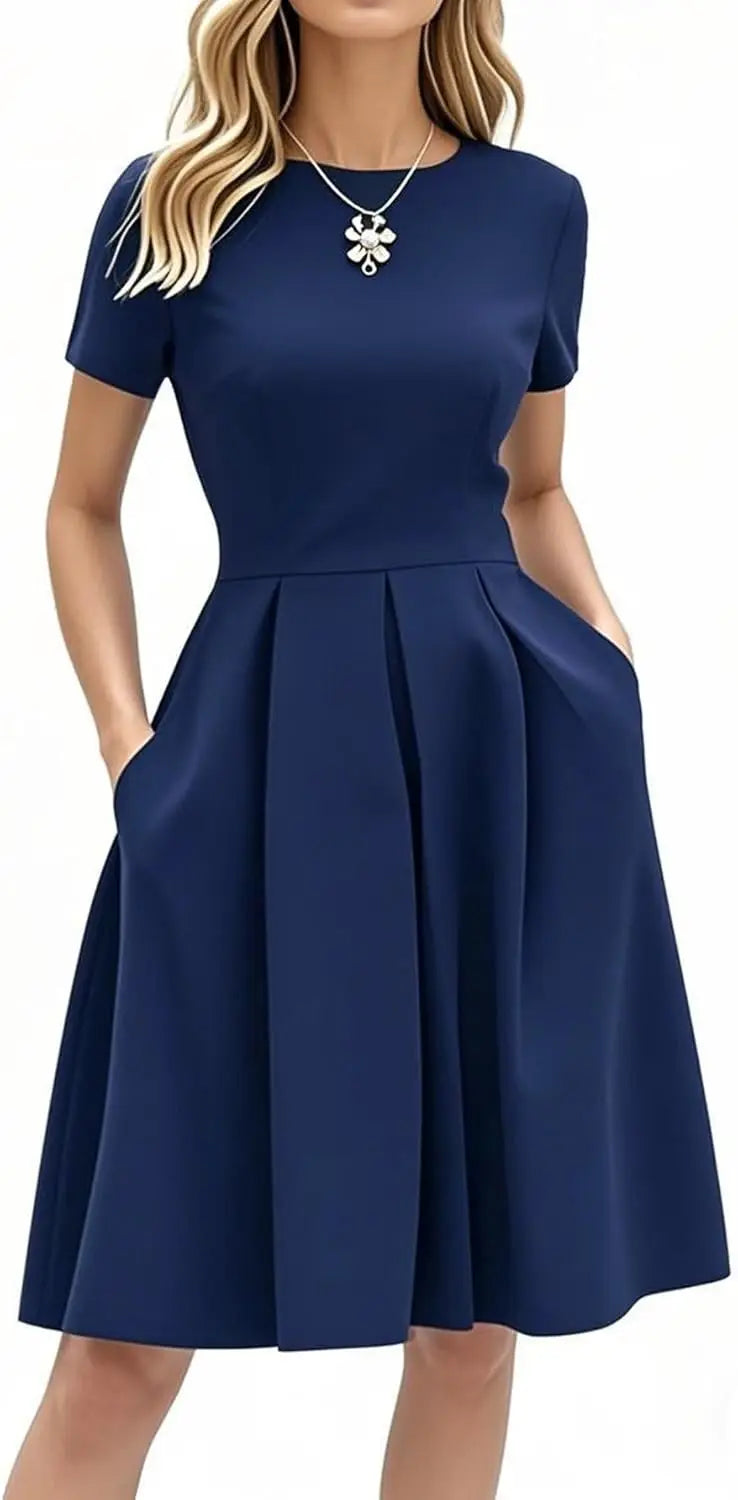 Red A-Line Short Sleeve Dress with Pockets for Women, Summer Party Church Bridesmaid Graduation Occasion
