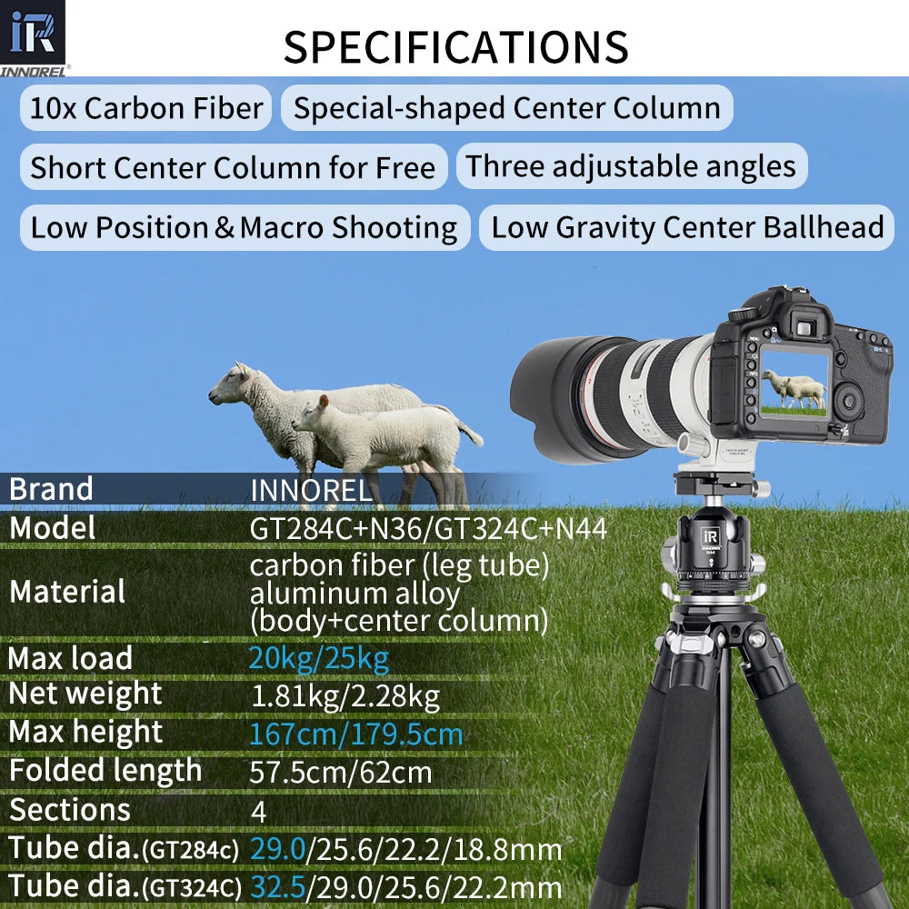 Innocrel GT284C GT324C Professional Carbon Fiber Tripod with Special Shaped Center Column for DSLR Low Gravity Center Ballhead