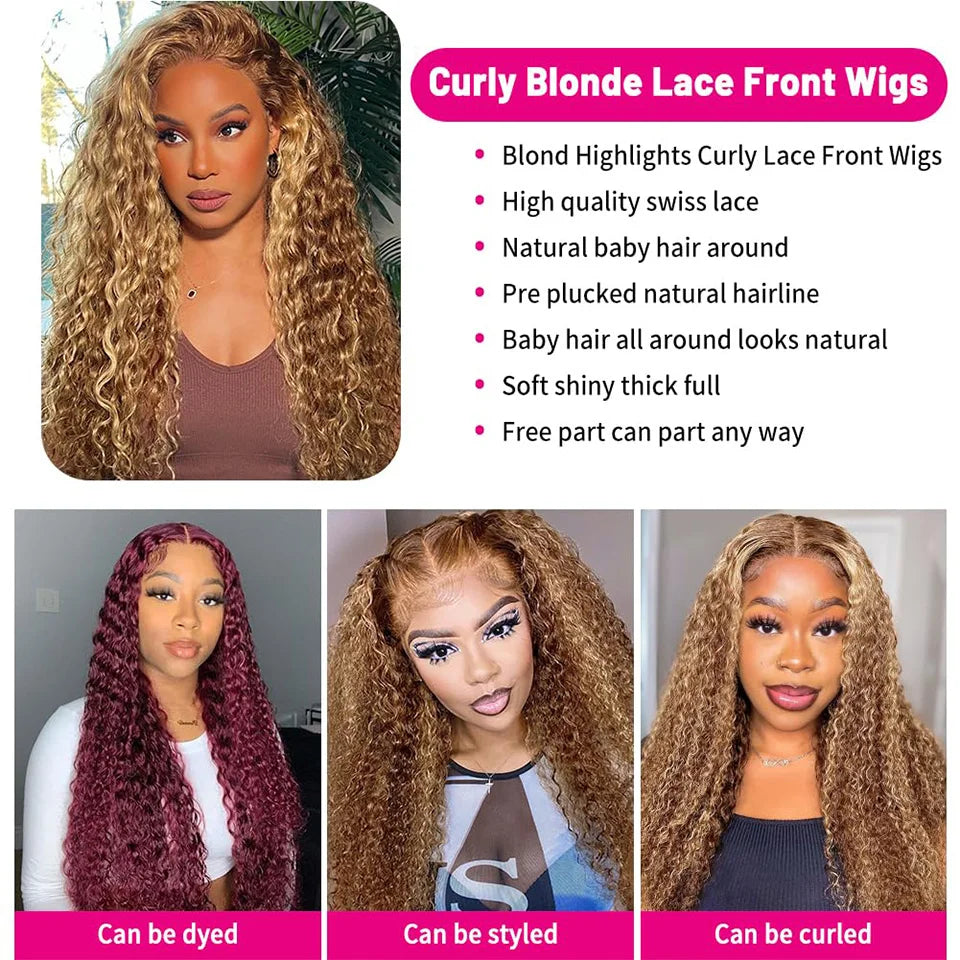 30 Inch Curly Wave Highlight Human Hair Wigs High Density Lace Front Wigs Colored Brazilian 13x6 HD Transparent Lace Frontal Wig
