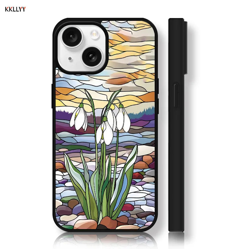Stained Glass Snowdrop Phone Case Elegant Artistic Nature Inspired Style for iPhone 16 15 14 13 12 Pro Max