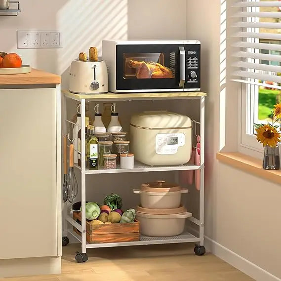 Rolling Kitchen Microwave Cart, 3 Tier Microwave Table Stand with Storage, Kitchen Utility Cart on Lockable Wheels, Small Coffee