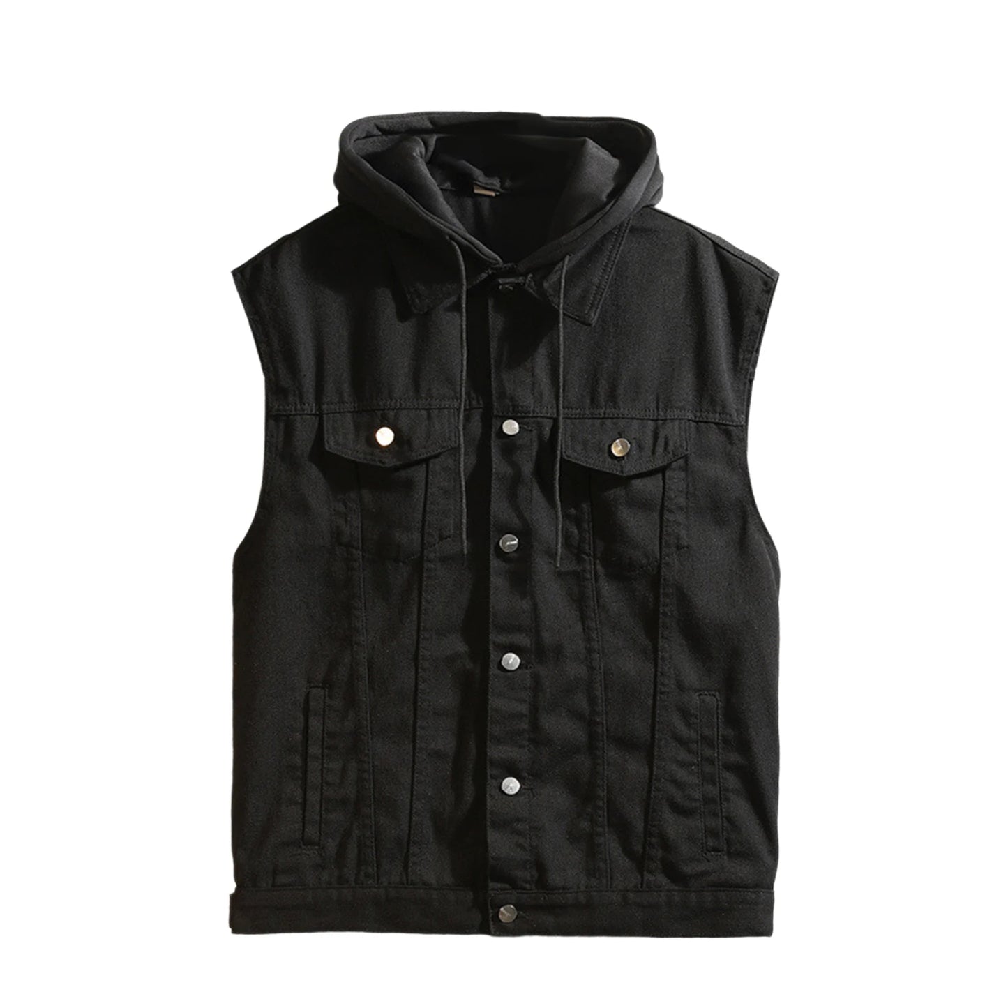 Men s Sleeveless Denim Vest with Hood and Pockets Casual Button Up Contrast Color Jean Jacket for Warmth and Style