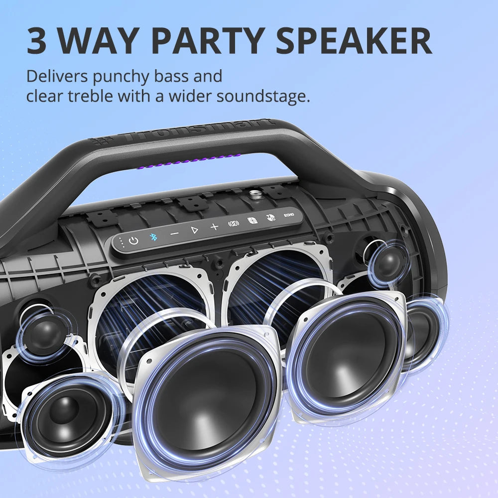 Tronsmart Bang Max Bluetooth Speaker with Three Way Sound System 130W Sync Up 100 Plus Speakers APP Control Guitar Mic Input