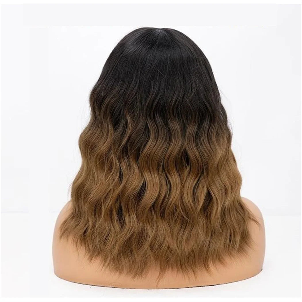 Women Ombre Brown Bob Synthetic Wig Black To Brown Short Wavy With Bangs Shoulder Length Daily Use