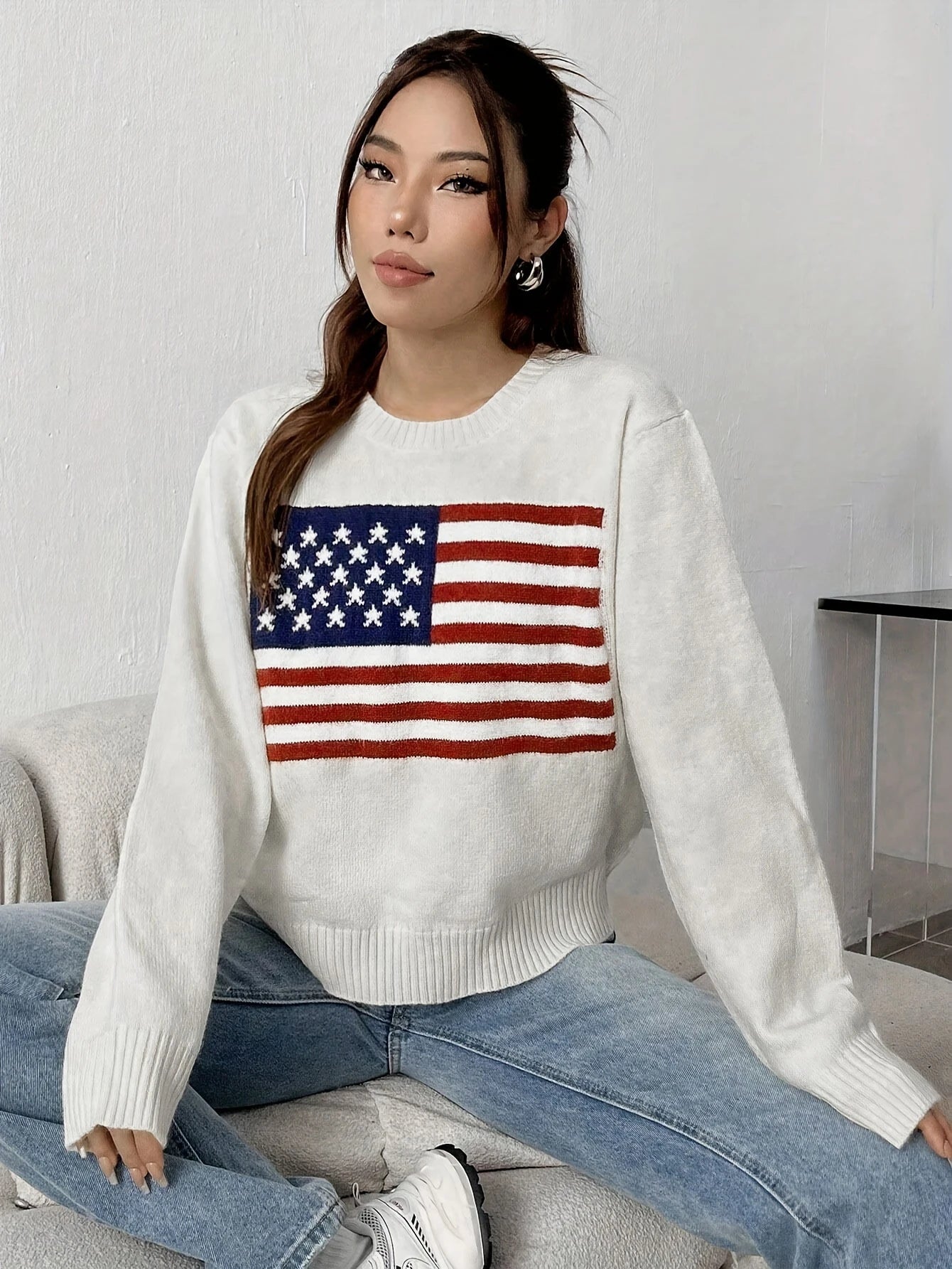 Autumn and Winter New Fashion Woman Sweater Flag Knit Sweater Women's Elegant Casual Collar Long Sleeve Sweater Top