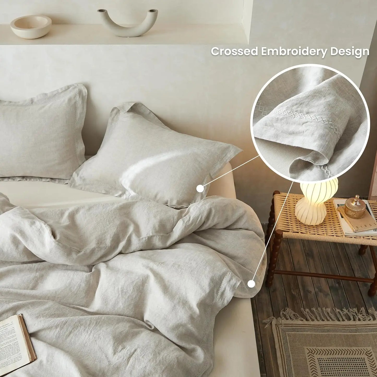 Simple Opulence 100 Percent Linen 3 Pieces Bedding Set with Crossed Embroidery Queen King Size Duvet Cover Bed Sheet Set Fitted Sheets