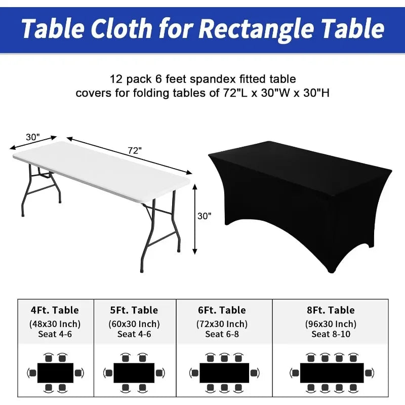 12 Pack Black Spandex Table Covers for 6 Foot Rectangular Tables Fitted Stretch Table Cloth for Events and Parties