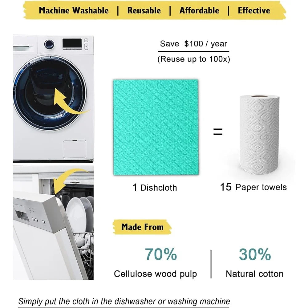 Reusable Swedish Dish Cloths 10 Pack Ultra Absorbent Cleaning Towels Kitchen Cellulose Sponge Cloths Fast Drying Eco Friendly