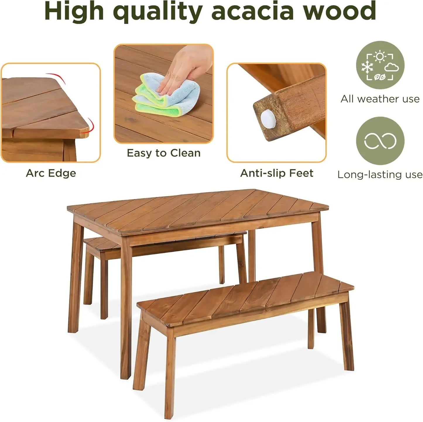 3 Pieces Acacia Wood Table with 2 Benches Dining Set Outdoor Indoor Furniture, Picnic Beer for Patio, Porch, Garden, Poolside -