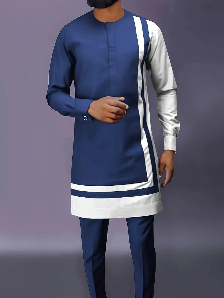 Men's Casual Long-Sleeved Two-Piece Set: Mid-Length Top and Trousers