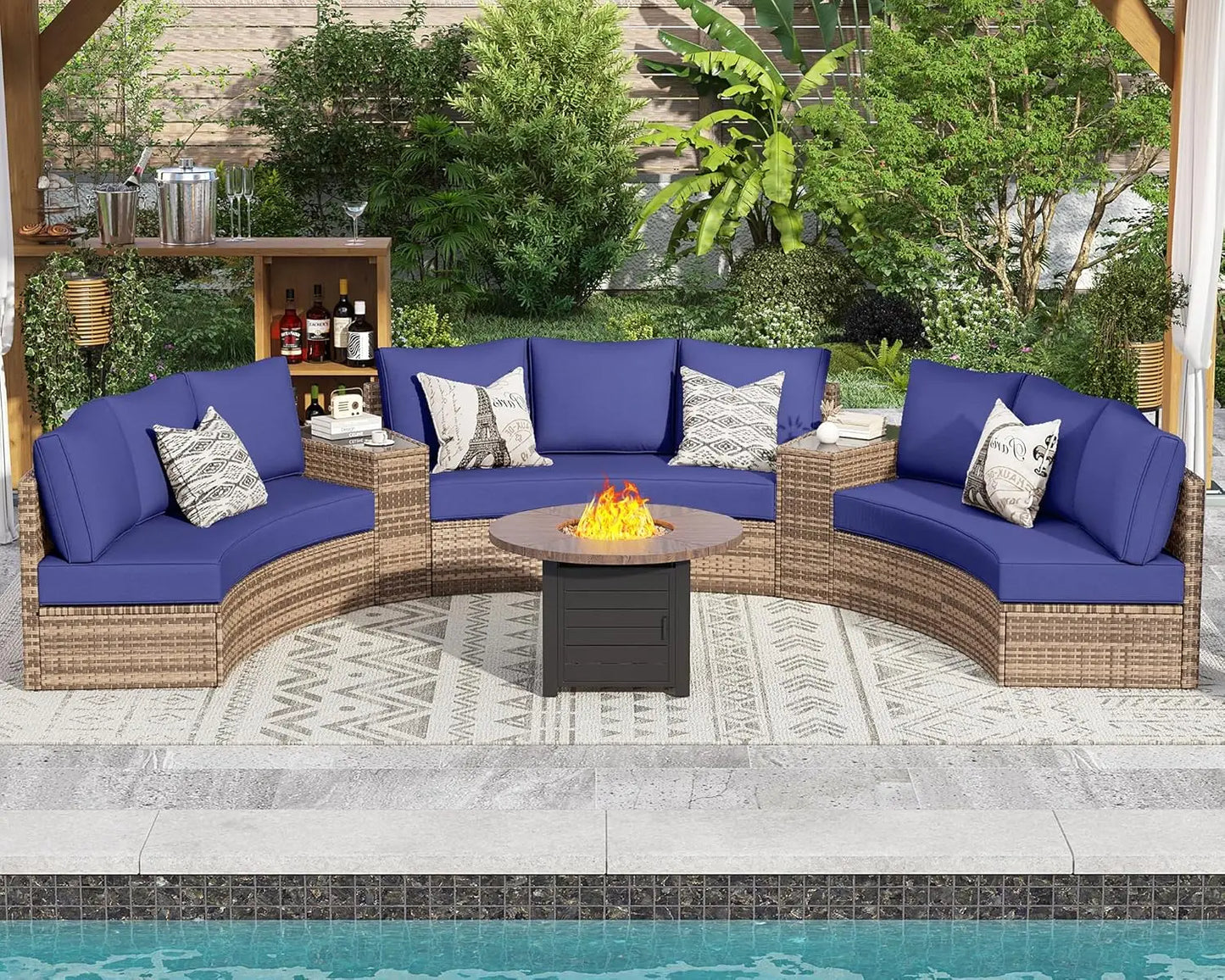 PaPaJet Patio Furniture Set, Half-Moon Wicker Sectional Sofa with Cushions, Waterproof Rattan Outdoor Conversation Set