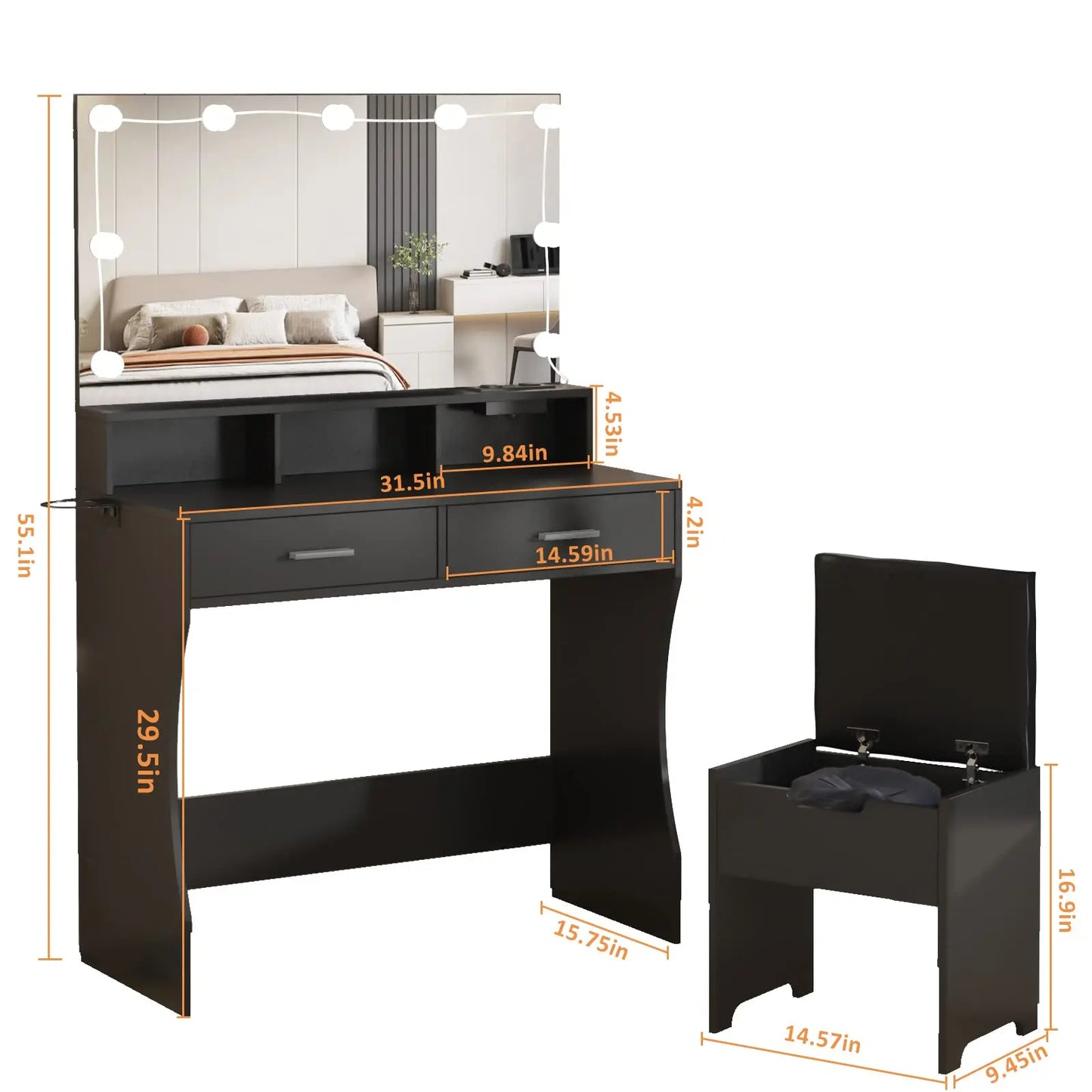 Vabches Vanity Desk with Lights Mirror Makeup Vanity Table and Power Outlet 2 Drawer Set with Chair Wooden Dressing Table