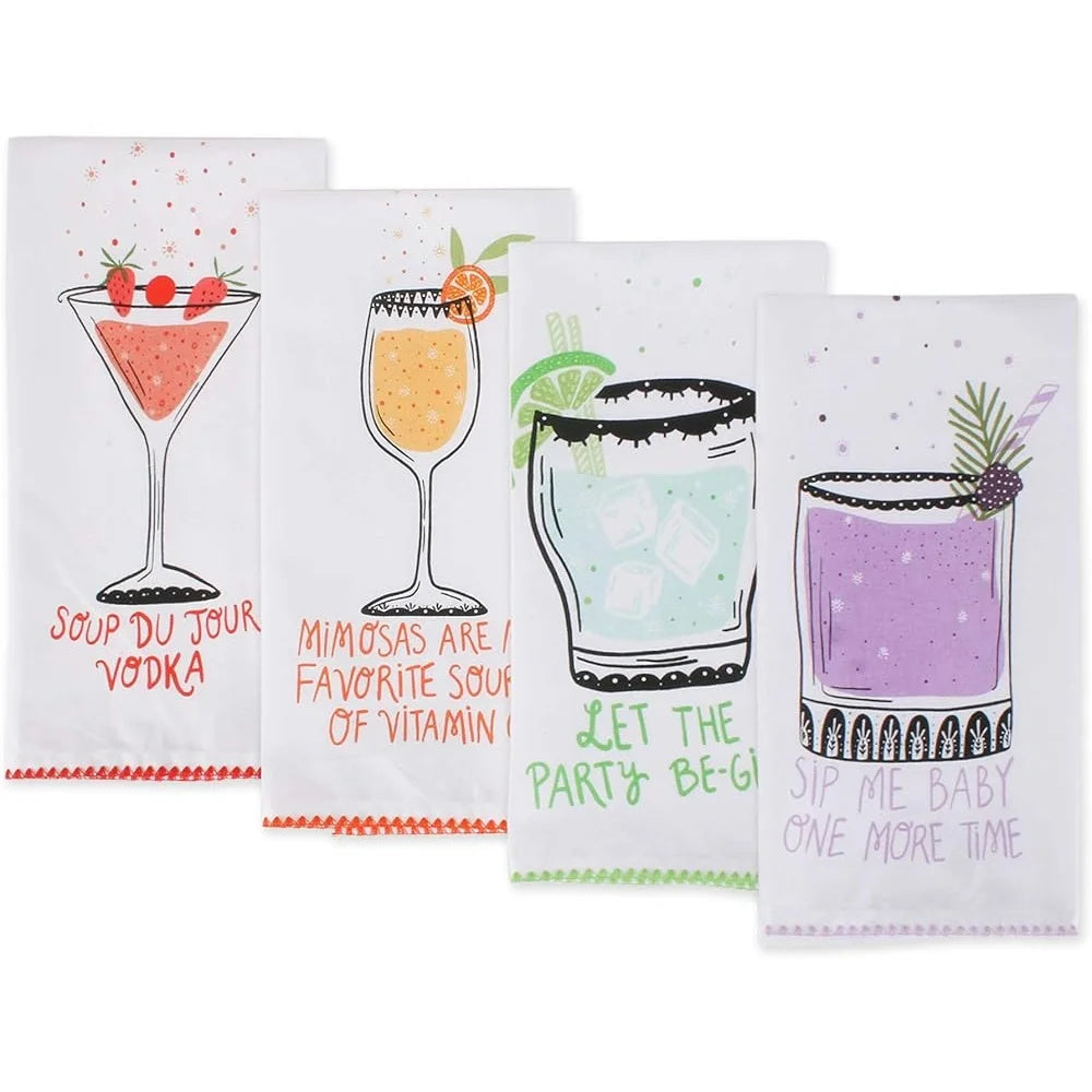 Absorbent Fast-Drying Kitchen Towels Set 4 Piece Decorative Cotton Dishtowels Fun Design Parties Home Decor 18x28 Inches