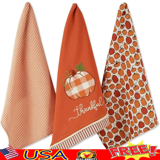 Pumpkin Spice Kitchen Towels Set of 3 Durable Cotton Dish Towels Absorbent Decorative Fall Thanksgiving Home Decor