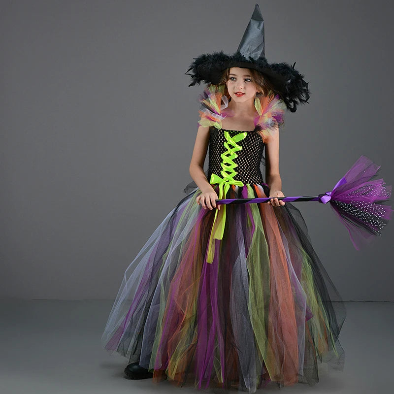 Kids Halloween Witch Costume Set with Tulle Dress Cross Tie Up Design Witch Hat and Broomstick for Cosplay Party