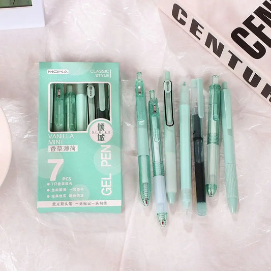 7Pcs 0.5mm Retractable Gel Pen Set Quick Dry Ink Smooth Writing Cute Stationery Gift Portable Office School Writing Supplies