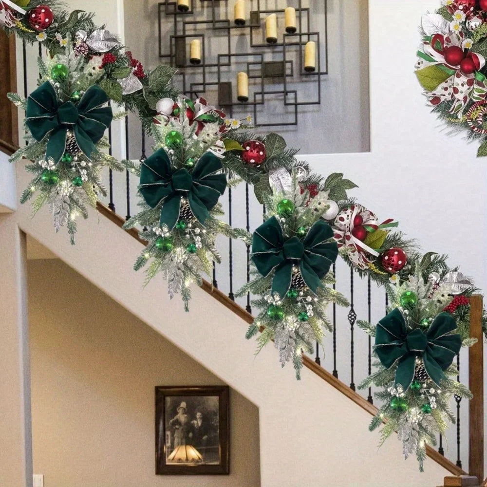 6Pcs Pre-Lit Stairway Christmas Swags Christmas Staircase Decorations Artificial Stairs Christmas Garland with Lights