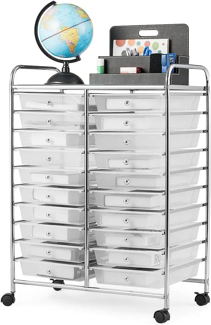 20-Drawer Utility Cart on Wheels, Semi-Transparent Mobile Organizer for Office, School, Tools & Crafts
