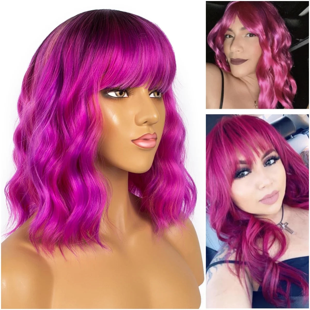 14 Inch Short Wavy Bob Wig with Bangs for Men and Women Synthetic Cosplay Halloween Christmas Wig