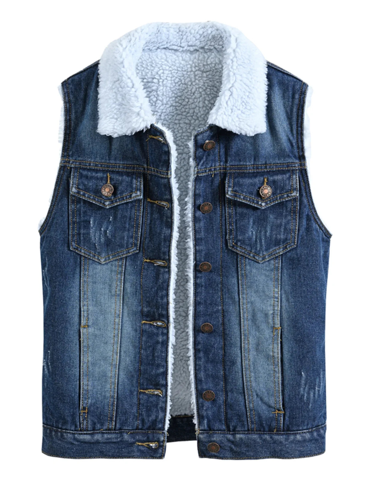Women`s Sherpa Lined Fleece Warm Winter Denim Jean Sleeveless Jacket Waistcoat Button OuterwearTrendy Soft Vest