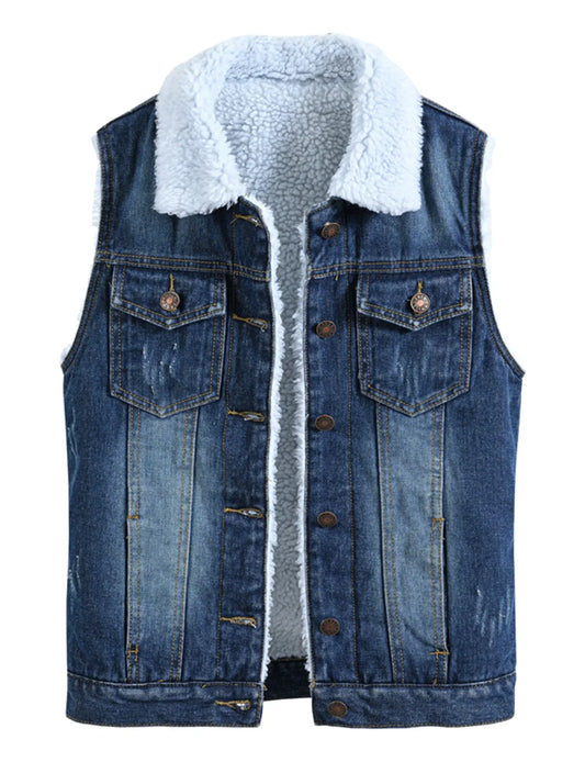 Women`s Sherpa Lined Fleece Warm Winter Denim Jean Sleeveless Jacket Waistcoat Button OuterwearTrendy Soft Vest