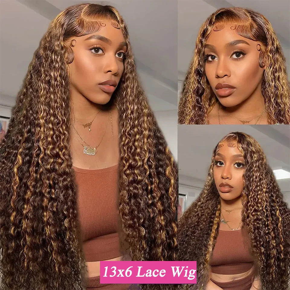 30 Inch Curly Wave Highlight Human Hair Wigs High Density Lace Front Wigs Colored Brazilian 13x6 HD Transparent Lace Frontal Wig