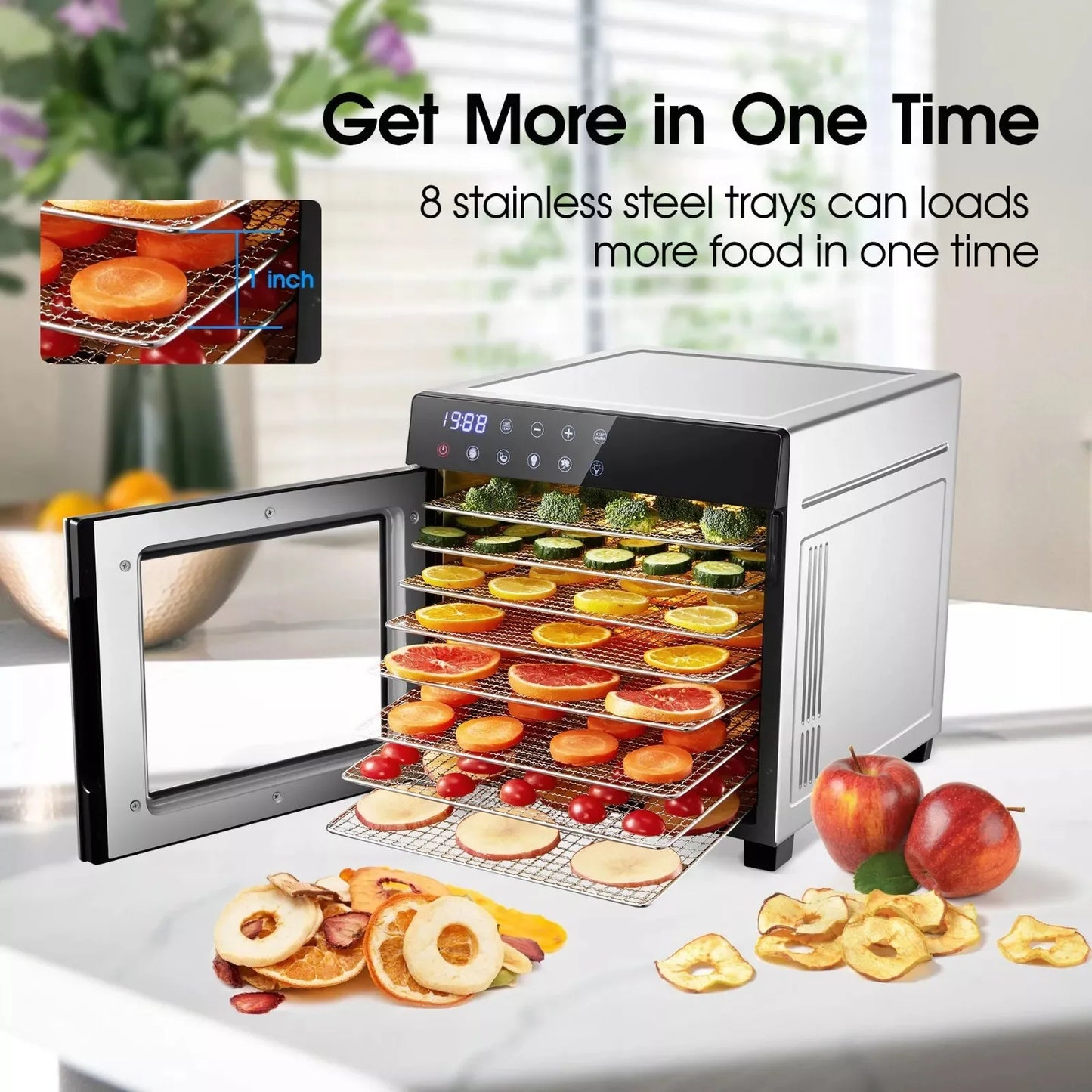 8 Tray Stainless Steel Food Dehydrator 600W with 4 Presets and Digital Timer for Jerky Fruit Herbs Dishwasher Safe BPA Free