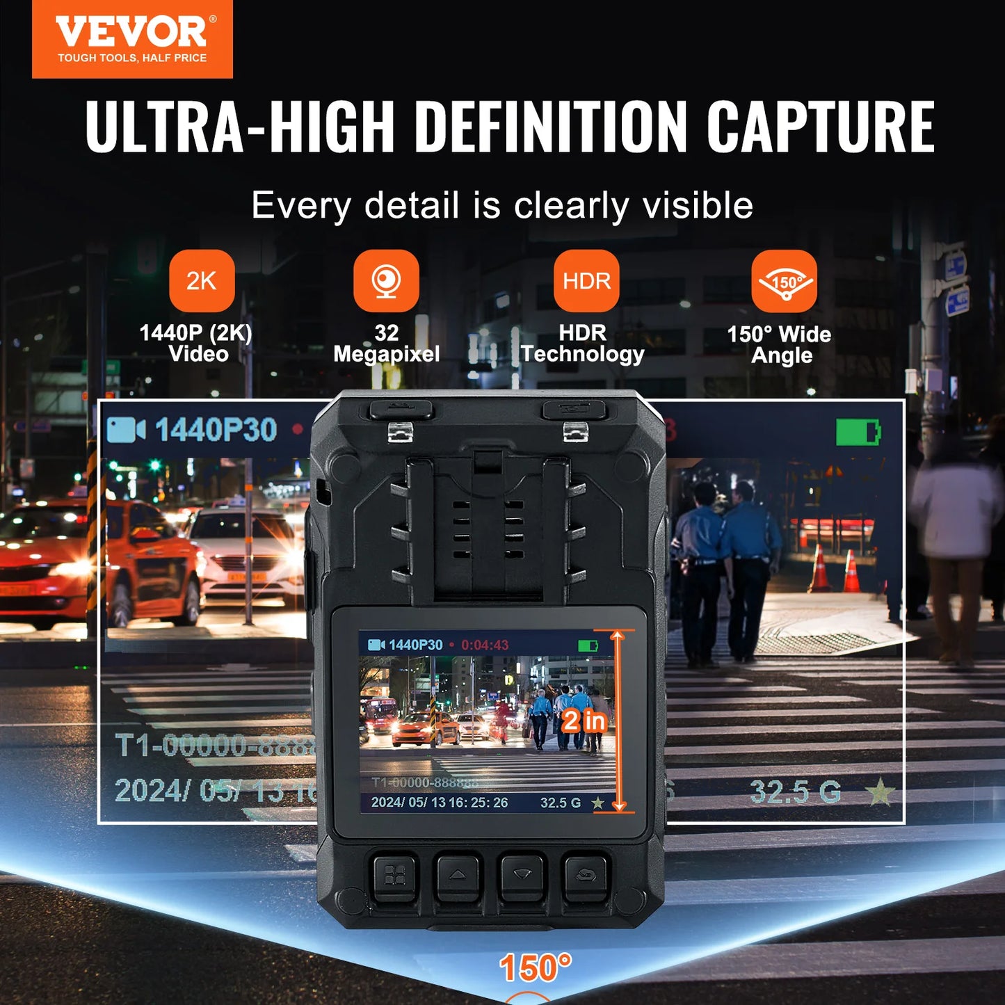 VEVOR 1440P HD Police Body Camera 128GB with Audio Video 2.0 Inch LCD Infrared Night Vision Waterproof GPS for Law Enforcement