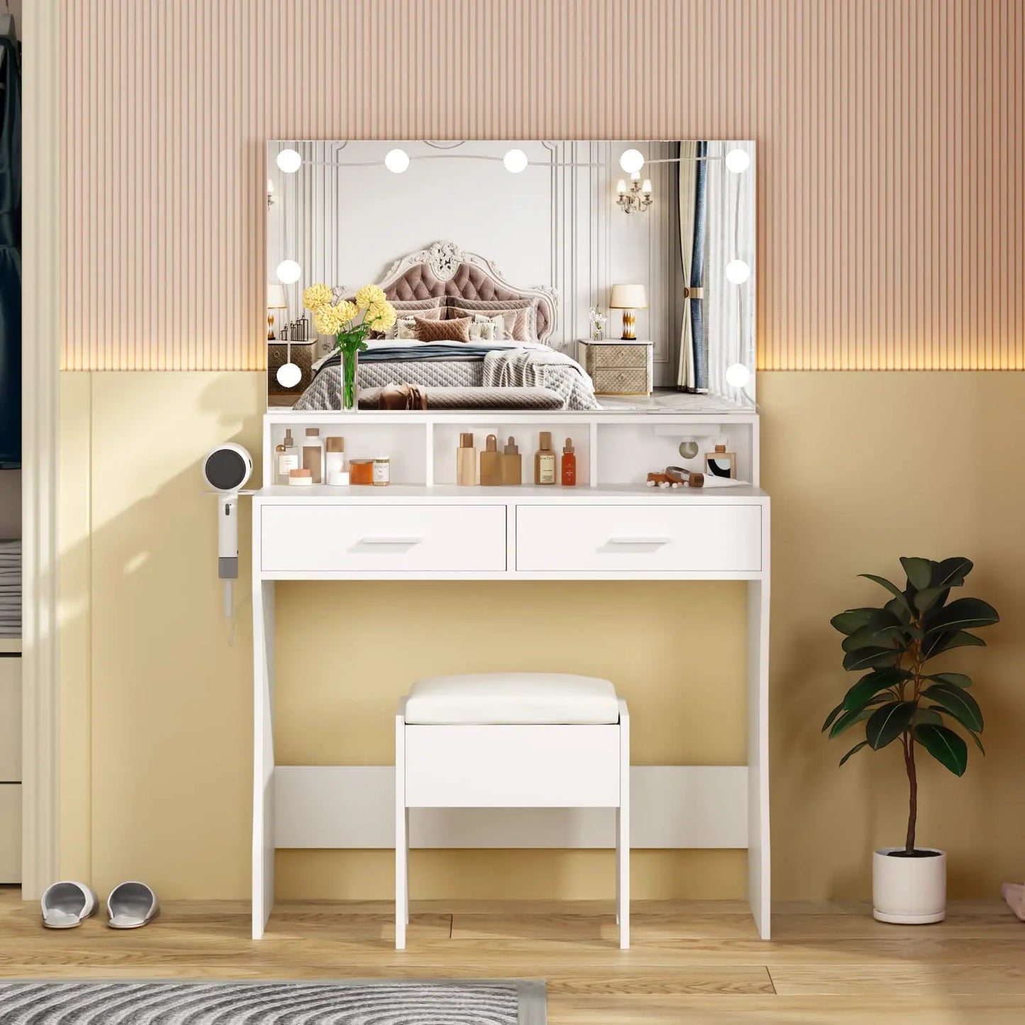 Vabches Vanity Desk with Lights Mirror Makeup Vanity Table and Power Outlet 2 Drawer Set with Chair Wooden Dressing Table