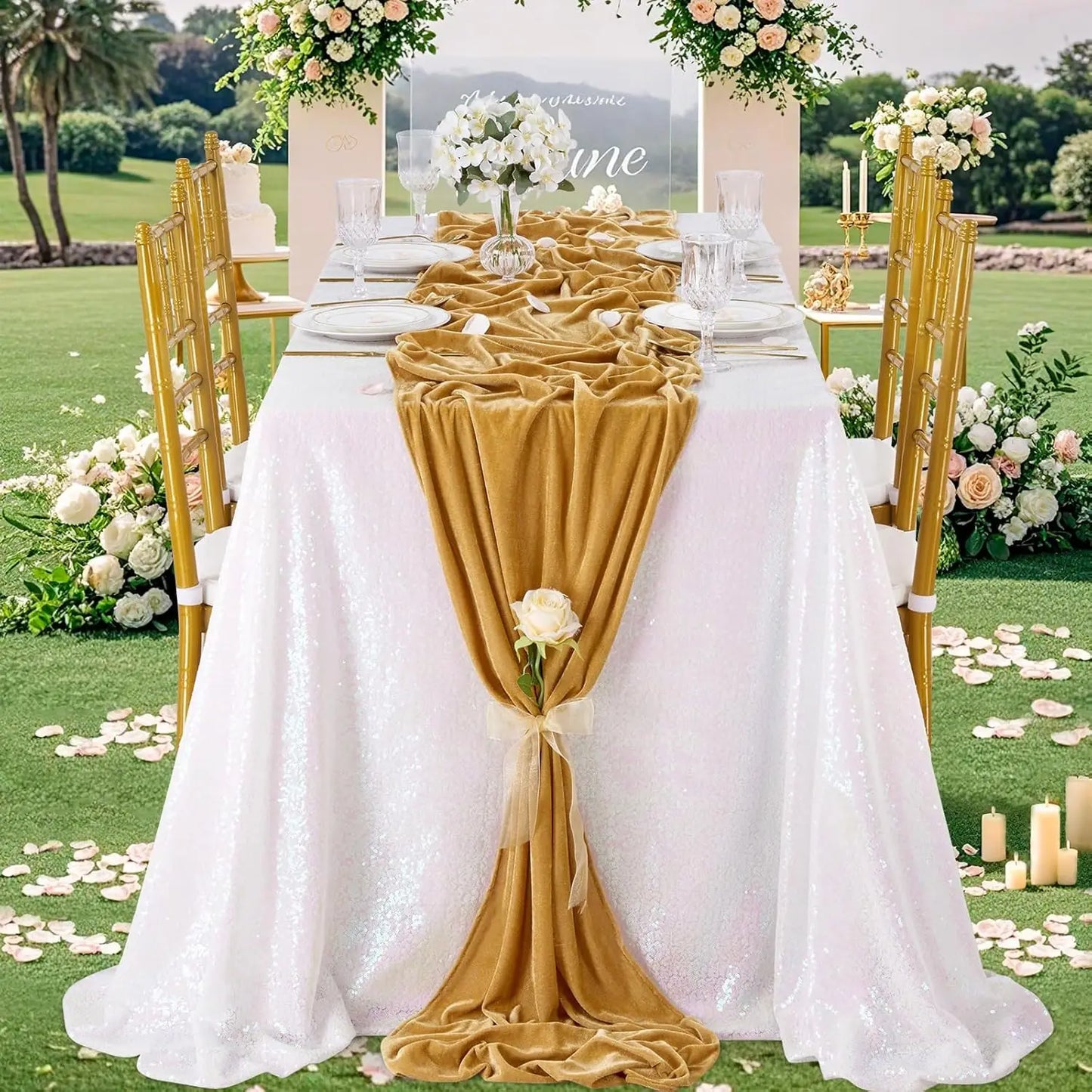 12 Pcs 29x120 Inch Gold Luxurious Velvet Table Runner for Wedding Reception Decorations Soft Velvet Fabric Table Linen