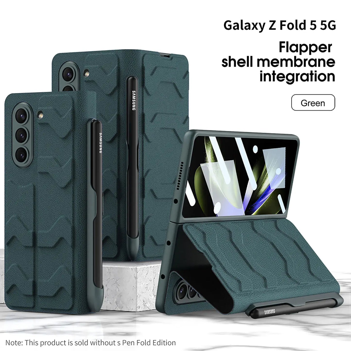 Clamshell Warrior Leather Case for Samsung Galaxy Z Fold 5 with Integrated Side Pen Slot Anti Fall Protection Cover