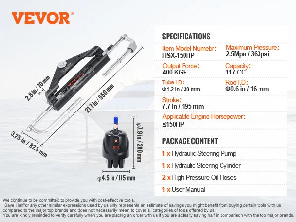 VEVOR Hydraulic Outboard Steering Kit 90HP/150HP/300HP with Helm Pump and 24FT/26Ft Hose for Single Station Single-Engine Boats