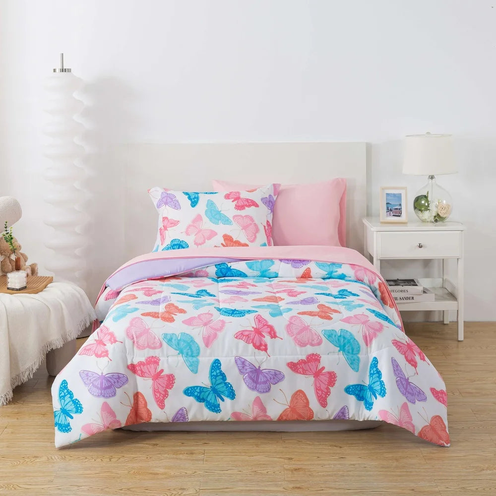 Glow In The Dark Butterfly Bedding Set Twin 5 Piece Kids Comforter Soft Polyester Reversible Design Cozy Sleep