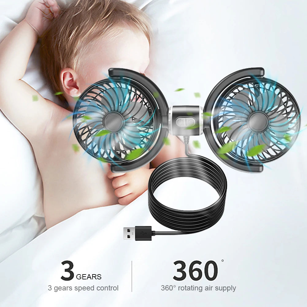 Dual Head Car Seat Back Cooling Fan 360 Degree Rotatable USB Brushless Automotive Fan for Car Home Accessories