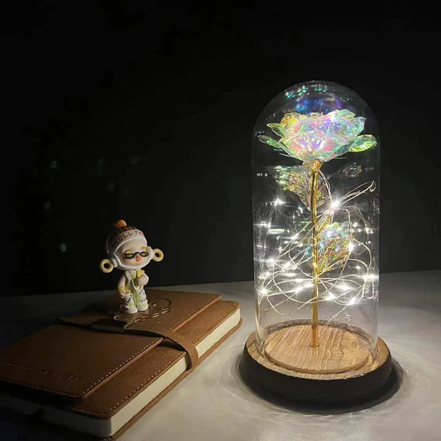 Valentine's Day Artificial Flower 24k Gold Foil Eternal Rose In Glass With Lights Decor For Home Birthday Gift Mother's Day Gift