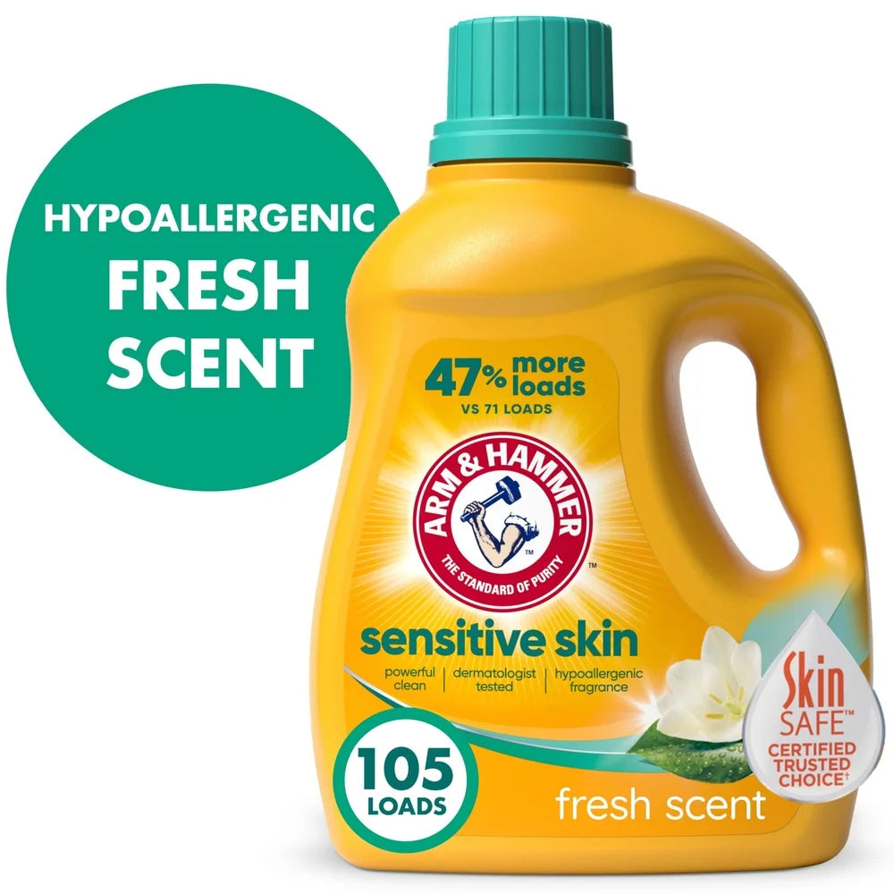 Sensitive Skin Liquid Laundry Detergent 105 Loads Hypoallergenic Fresh Scent Dye-Free HE Concentrated Stain Fighters
