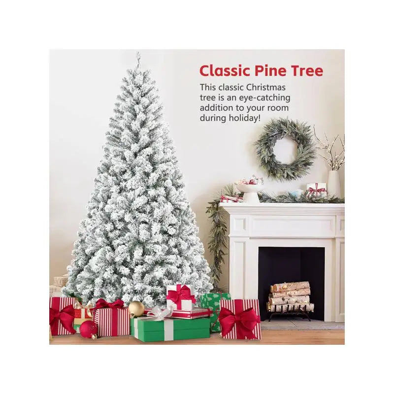 6ft Flocked Christmas Tree, 678 PVC Branch Tips, Round Top, Foldable Base for Indoor Holiday Decor