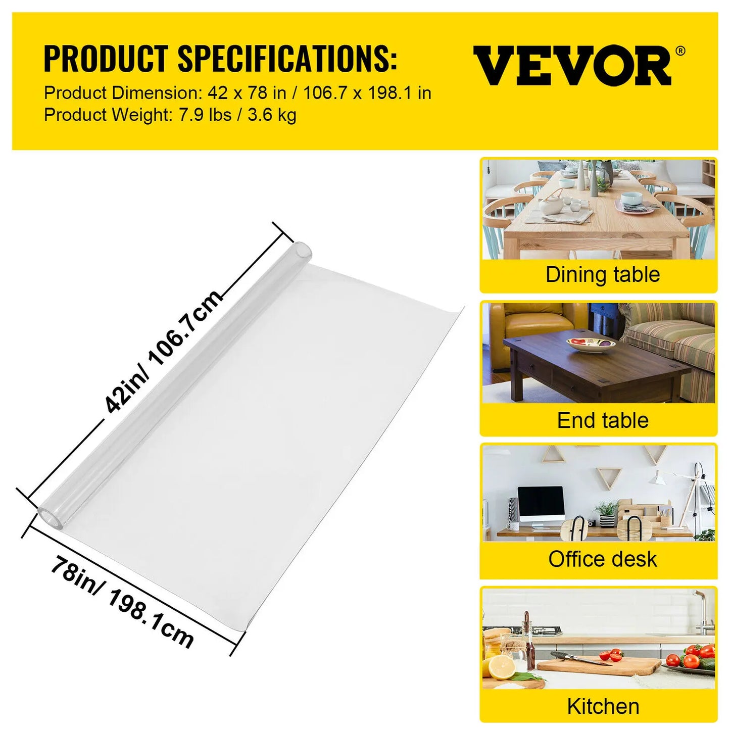 SucceBuy 1.5mm PVC Transparent Clear Table Cloth Desk Cover Protector Plastic Soft Glass Waterproof Oilproof for Dining Table