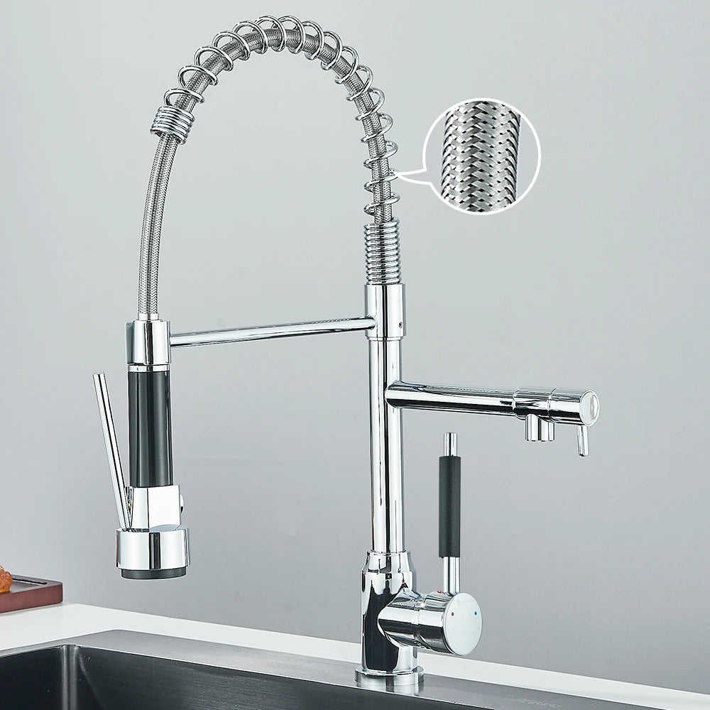Pull Down Spring Kitchen Faucet Single Lever Hot Cold Mixer Water Dual Spout Nozzle Stainless Steel