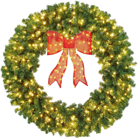Artificial Christmas Wreath with Bow, Pre-Lit Winter Wreath with LED Light, Indoor Outdoor Holiday Xmas Decorations