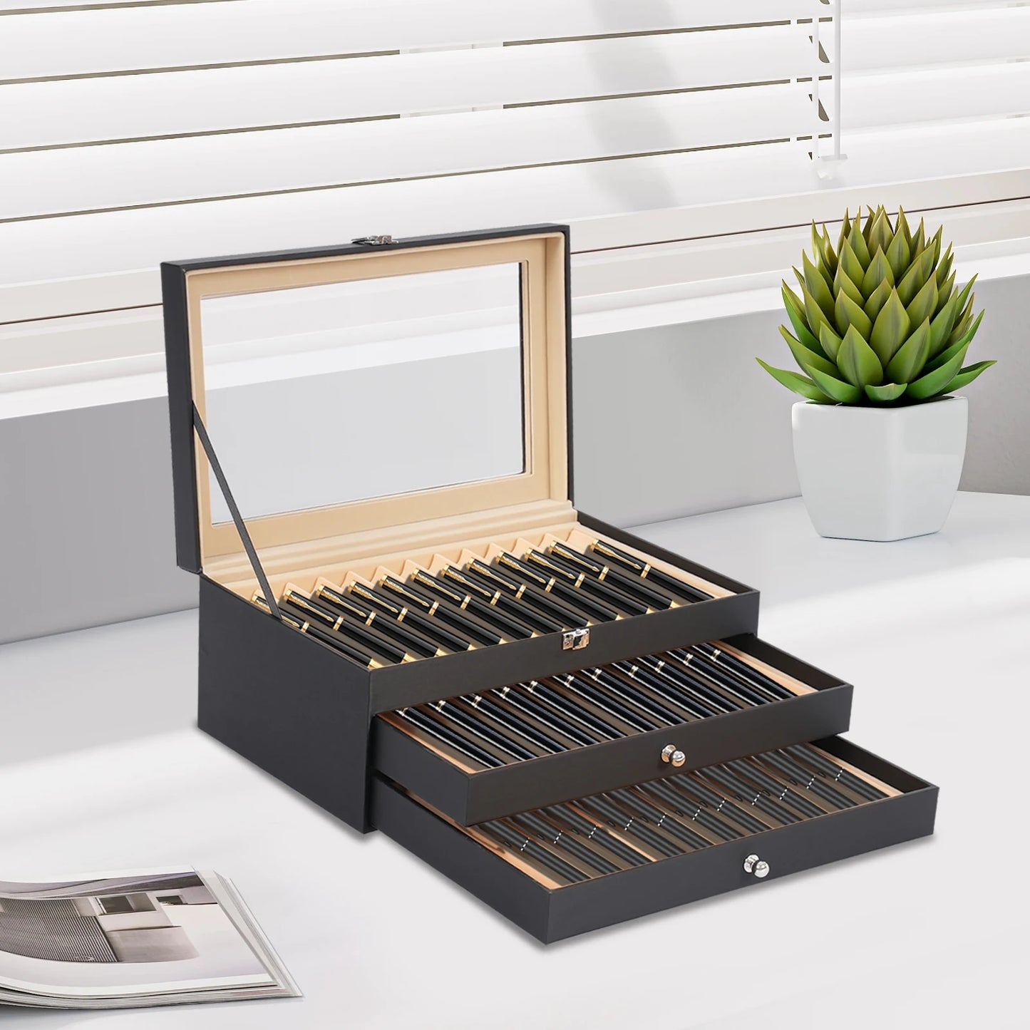 NEWEST 36 Slots Pen Display Box, Leather Pen Organizer Box, Glass Window Pen Collection Display Case, Luxury Pen Collector Case, Black